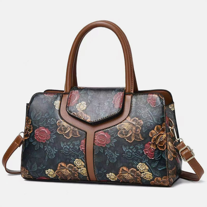 Retro Floral Emboss Handtasche Damen Horizontale Umhängetasche aus Leder