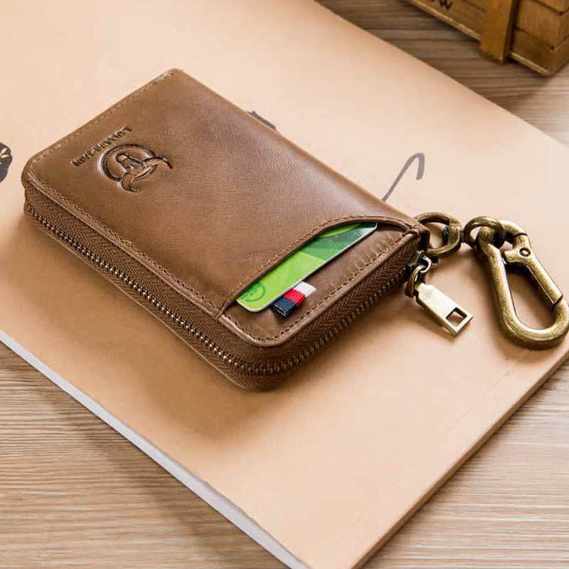 Leder-Geldbörse mit Rundum-Reißverschluss für Herren, RFID-blockierender Kartenhalter mit Schlüsselanhänger