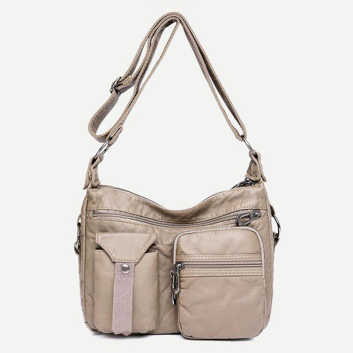 Damen Umhängetasche aus weichem Leder mit zwei Fächern, geräumige Handtasche, Schultertasche