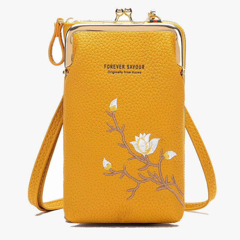 Elegante bestickte Handytasche Damen Mini Crossbody Leder Geldbörse