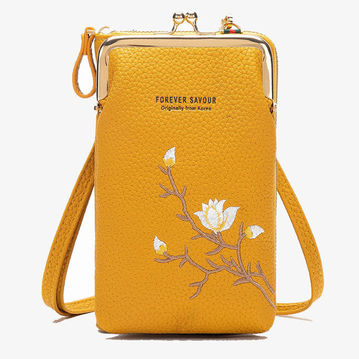 Elegante bestickte Handytasche Damen Mini Crossbody Leder Geldbörse