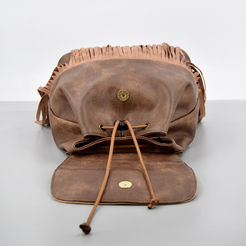 Vintage Quaste Rucksack Frauen Bohemian Kordelzug Leder Reise Geldbörse