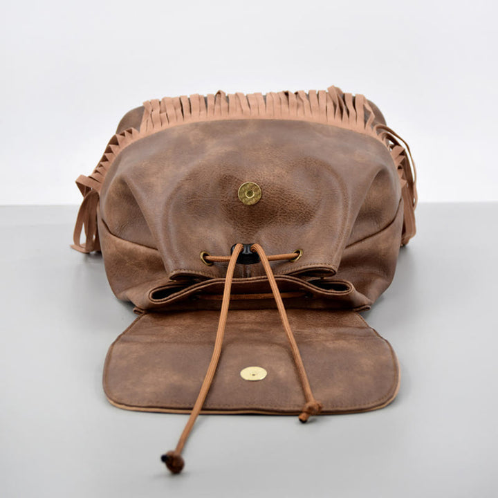 Vintage Quaste Rucksack Frauen Bohemian Kordelzug Leder Reise Geldbörse