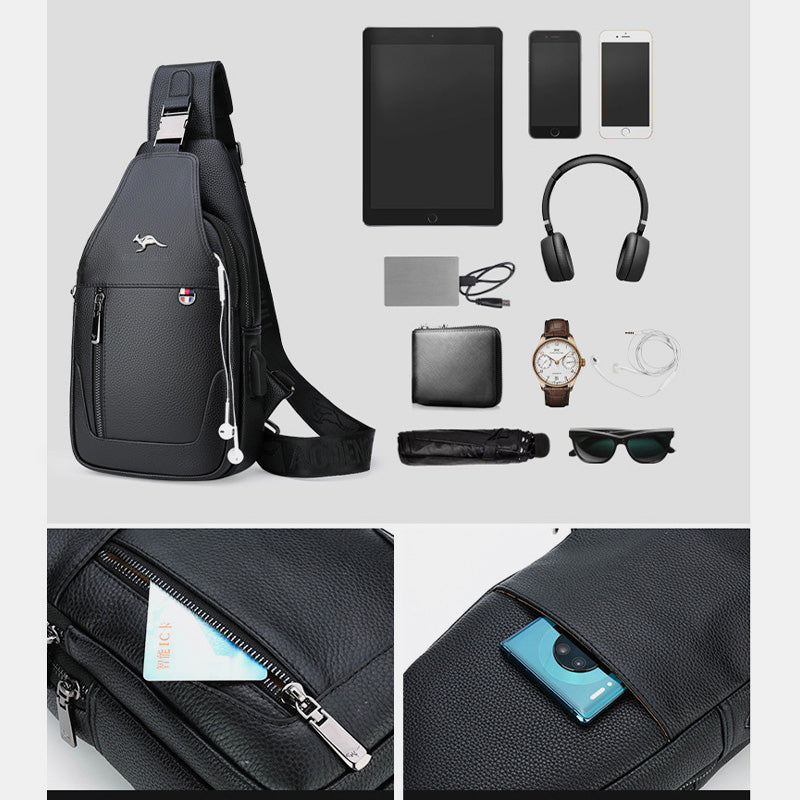 Sling Pack-Umhängetasche für Herren aus echtem Leder mit USB-Ladeanschluss