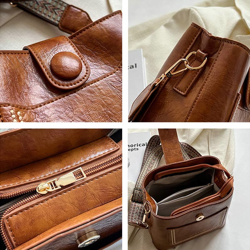 Damen Bucket Bag mit breitem Riemen, einfarbig, elegante Umhängetasche