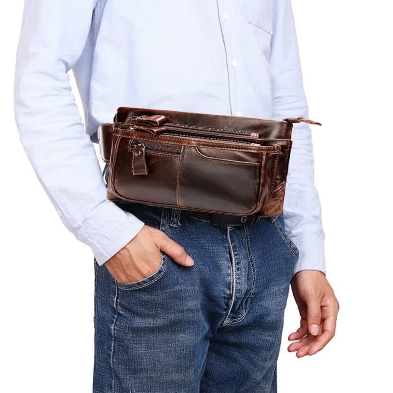 Klassische Sling Bag aus Leder für Herren, Gürteltasche mit verstellbarem Riemen
