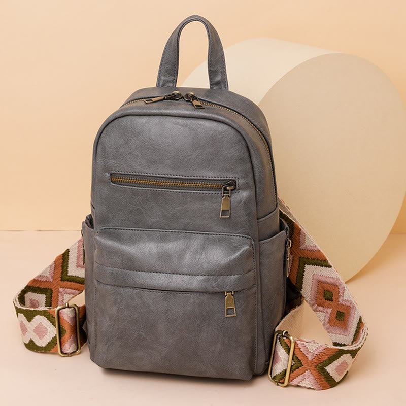 Lederrucksack für Damen, Retro, einfarbig, Mehrzweck-Schultertasche