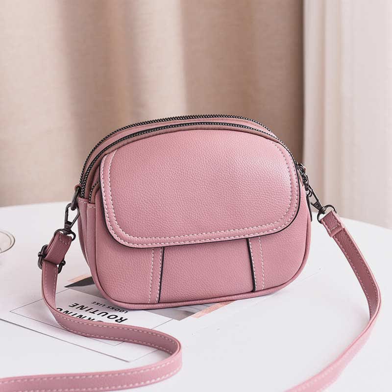 Kleine Umhängetasche mit dreifachem Reißverschluss, Leder, Handy-Geldbörse, Schultertasche