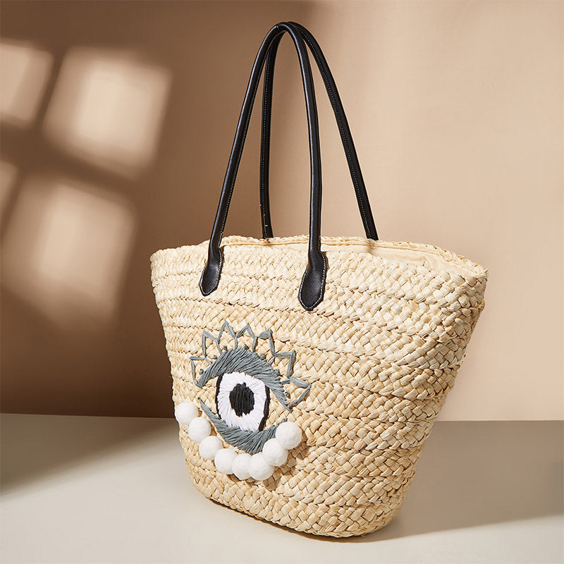 Handgemachte Evil Eye Stroh gewebte Handtaschen Sommer Hobo Schultertaschen Geldbörse