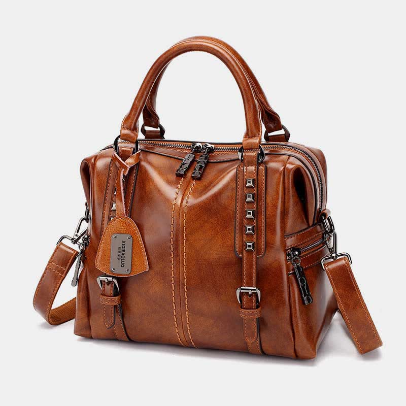 Retro Öl Wachs Leder Nieten Handtasche Tote Satchel Umhängetasche - Sienna - image 0