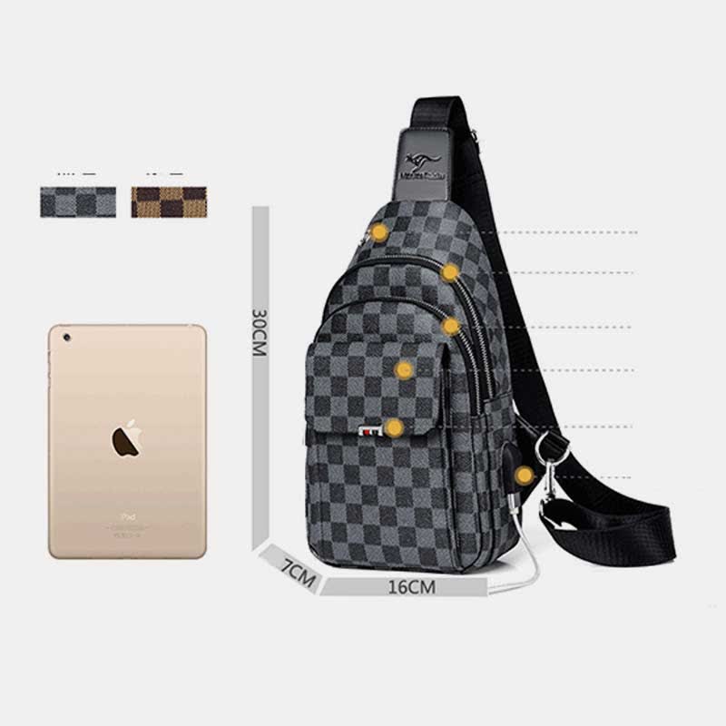 Mehrzweck-Schultertasche aus lässigem, kariertem Leder für Herren, Umhängetasche, Schulterrucksack
