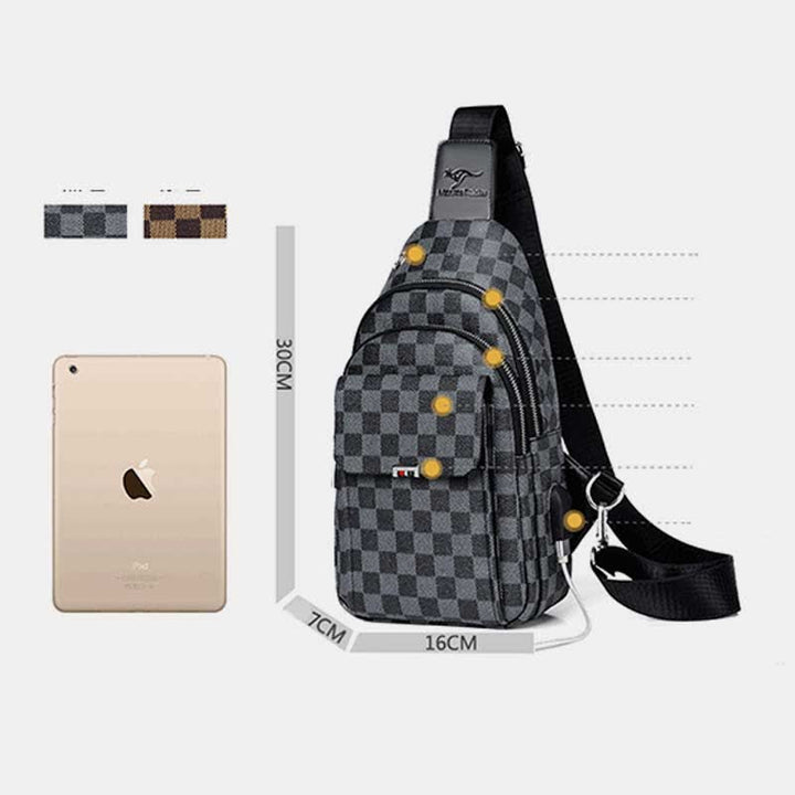 Mehrzweck-Schultertasche aus lässigem, kariertem Leder für Herren, Umhängetasche, Schulterrucksack