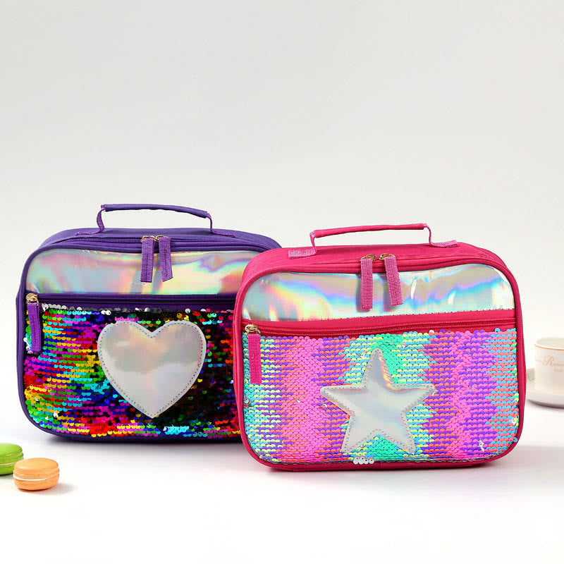 Lunchtasche für Kinder mit Glitzer-Herzmuster, isolierte Tasche