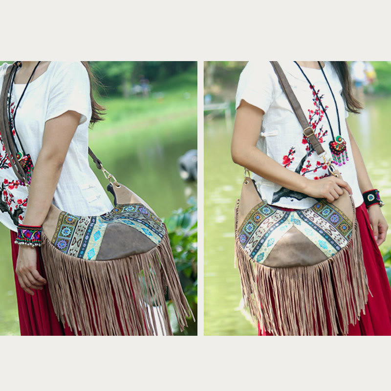 Umhängetasche für Damen, Reisetasche aus Leder im ethnischen Stil mit Quaste