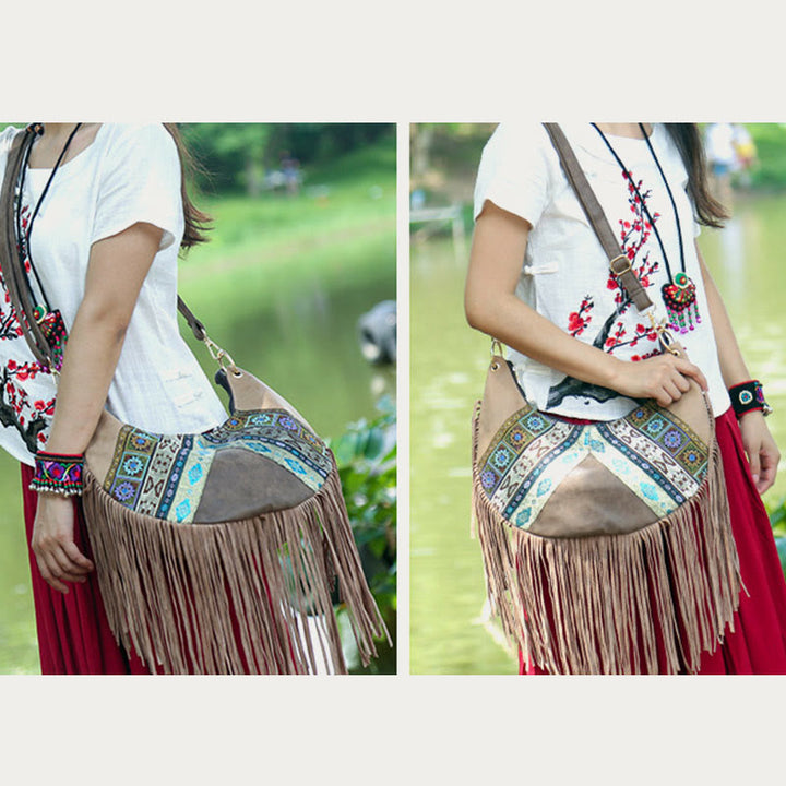 Umhängetasche für Damen, Reisetasche aus Leder im ethnischen Stil mit Quaste