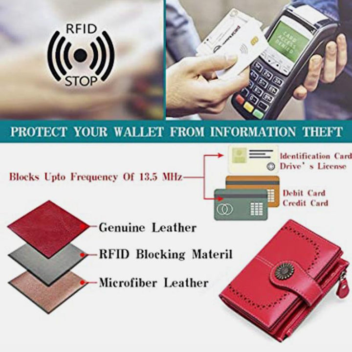 Dreifach gefaltete Lederbrieftasche mit RFID-Blockierung und Ausweisfenster mit Reißverschlussfach