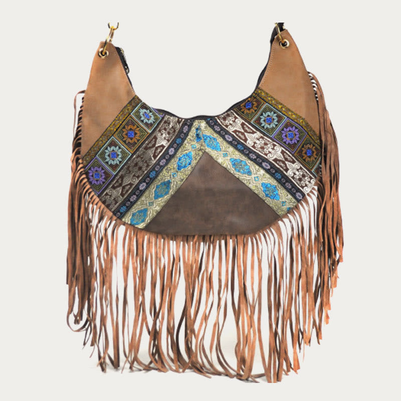 Umhängetasche für Damen, Reisetasche aus Leder im ethnischen Stil mit Quaste