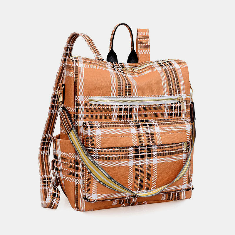 Multifunktionaler, lässiger Damen-Rucksack, Tagesrucksack aus Leder mit kariertem Muster und Schultergurt