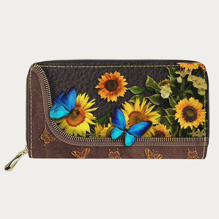 Damen-Geldbörse aus PU-Leder mit Schmetterlings- und Sonnenblumen-Muster, lange Geldbörse
