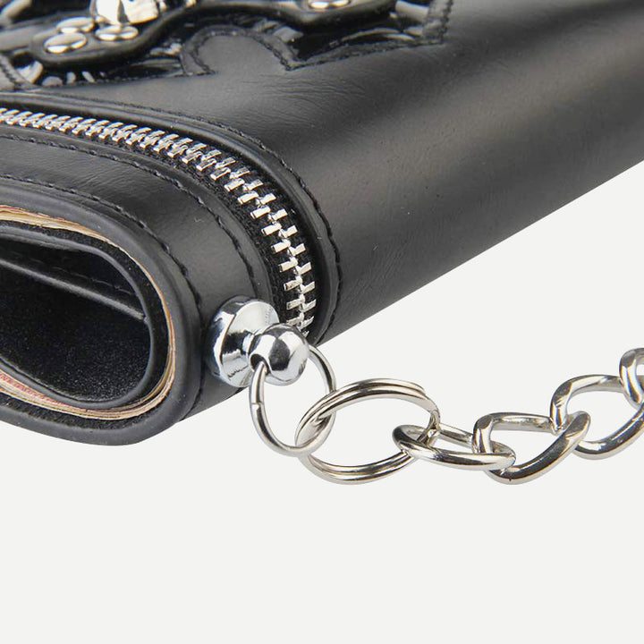 Herren-Geldbörse aus Leder mit Gothic-Totenkopf-Kreuz und langer Metallkette