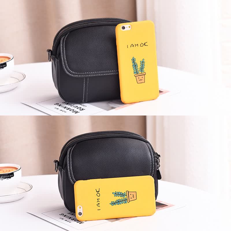 Kleine Umhängetasche mit dreifachem Reißverschluss, Leder, Handy-Geldbörse, Schultertasche