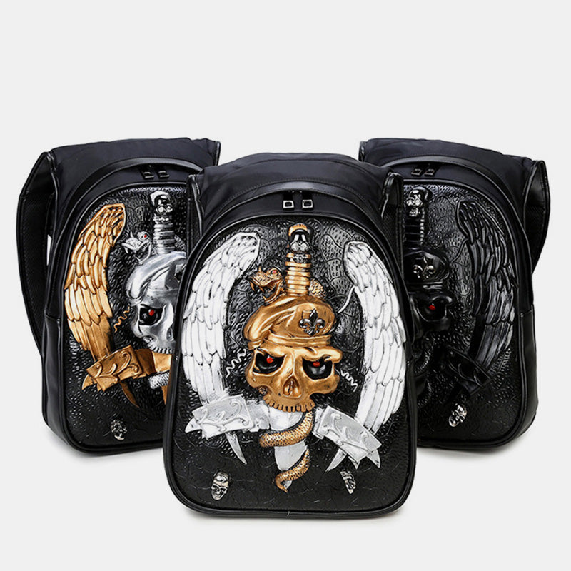 3D-Totenkopf-Rucksack, Gothic-Nieten, Laptop-Rucksack mit Kapuzenmütze