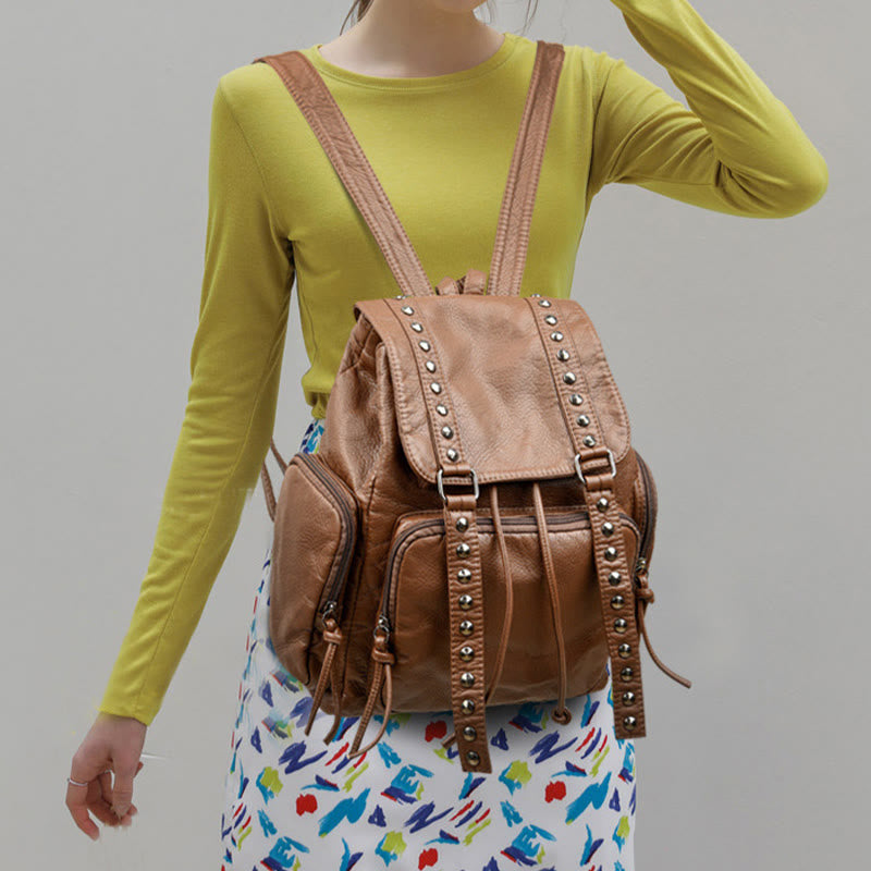 Nietenrucksack für Damen, Reiserucksack aus weichem, schlichtem Leder