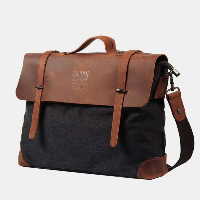 Umhängetasche für Herren, Canvas, lässig, Vintage, Dokumententasche - Klein - Schwarz - Crazy Horse Leder - image 0