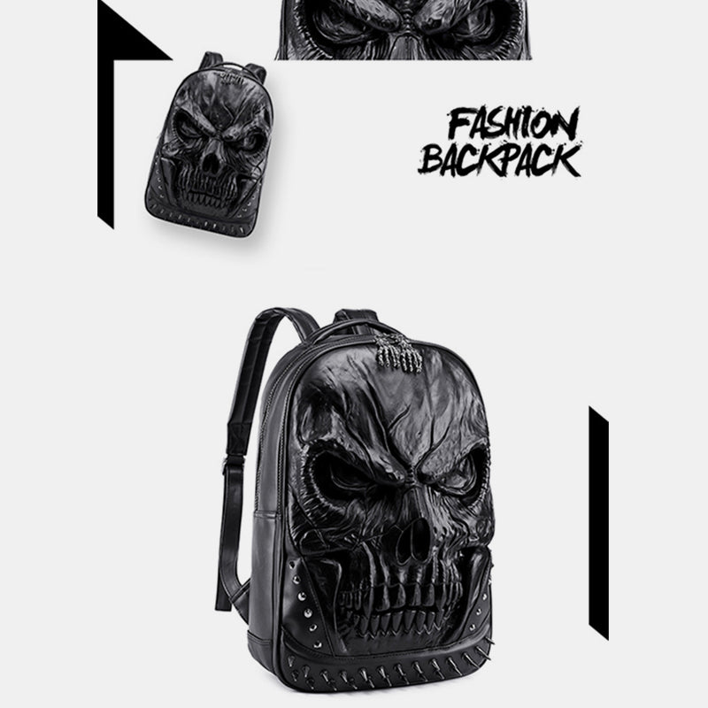 3D Totenkopf Punk Nieten Leder Rucksack Wasserdicht Geprägte Geister Kopf Knapsack