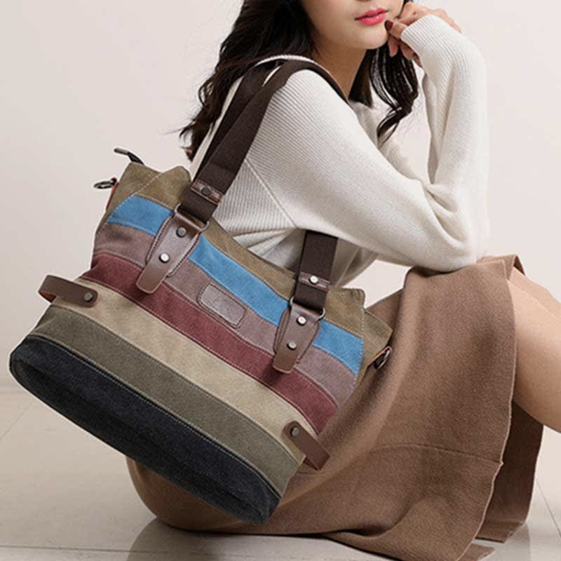 Multifunktions-Farbblock-Canvas-Handtasche Hobo Tote Bag Umhängetaschen