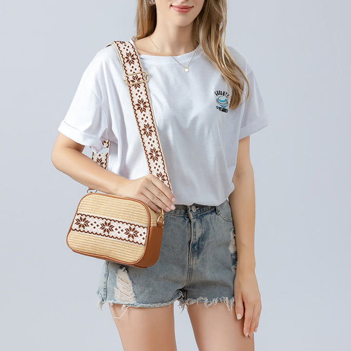 Kleine Pendlertasche für Damen, Umhängetasche aus Stroh mit breitem Riemen