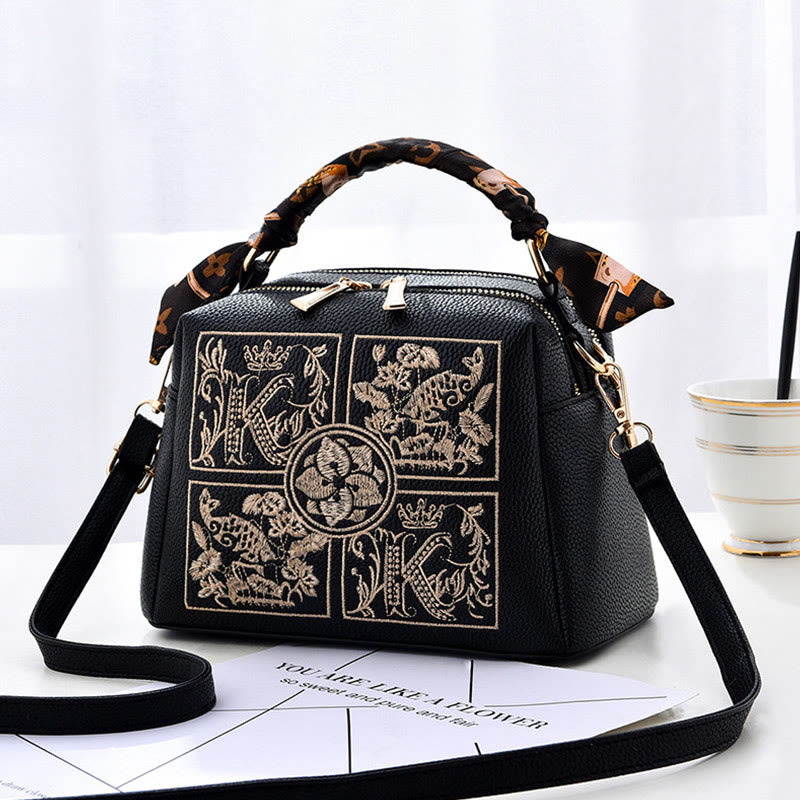 Top-Griff-Tasche für Damen, bestickte tragbare Umhängetasche aus Leder