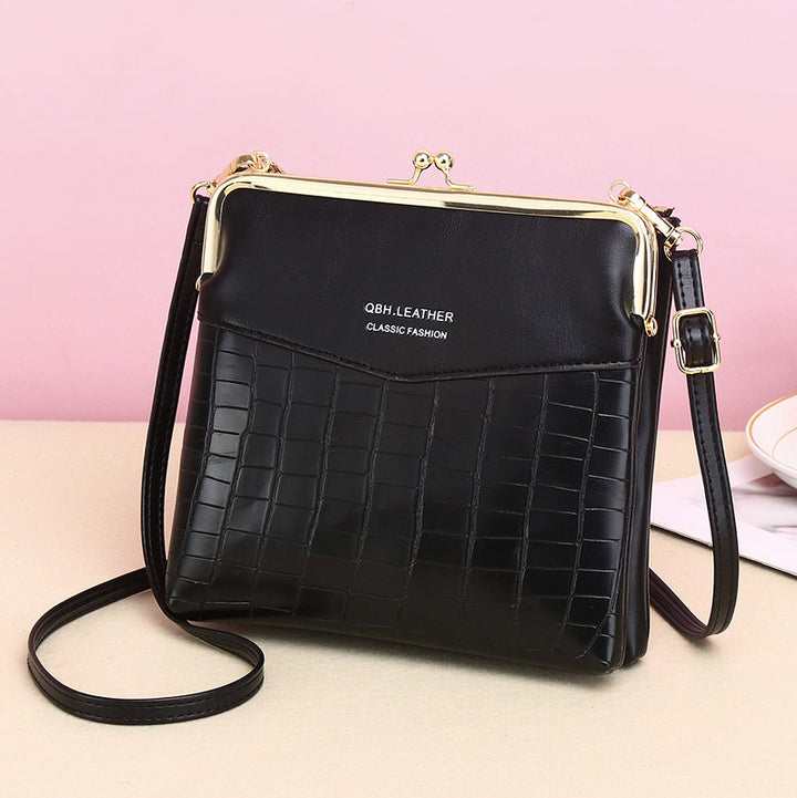 Leder-Crossbody-Handtasche für Damen mit zwei Fächern und Kiss Lock-Umhängetasche