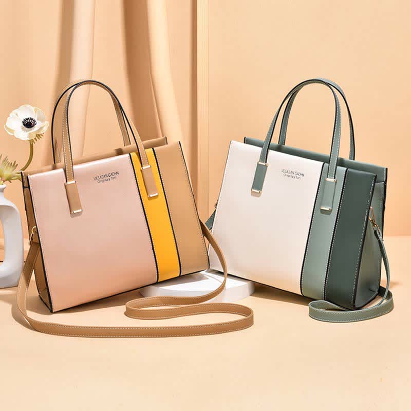Damen Handtasche aus Leder mit Henkel, modisch, mit Farbblock-Muster, Umhängetasche