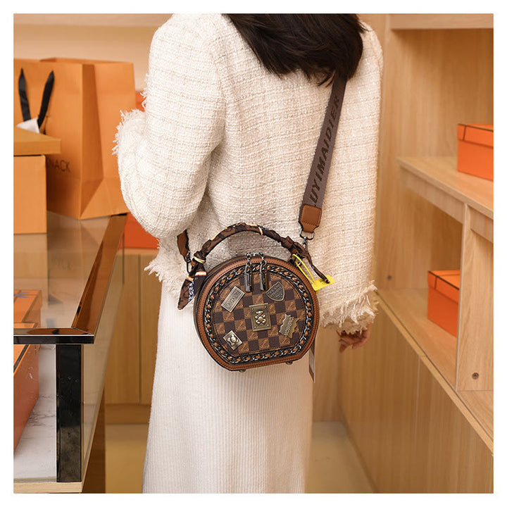 Top-Griff-Tasche für Damen Vintage breite Riemen kleine runde Tasche