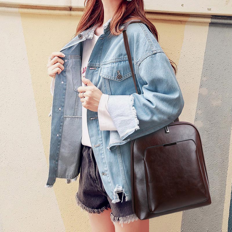 Retro PU Leder Daypack Frauen Casual Rucksack Geldbörse Reißverschluss Schultertasche
