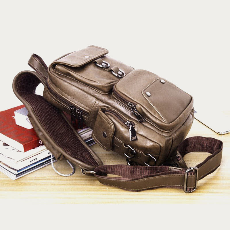 Retro-Schultertasche aus Leder mit Diebstahlschutz und interaktiven Taschen, geräumiger Tagesrucksack