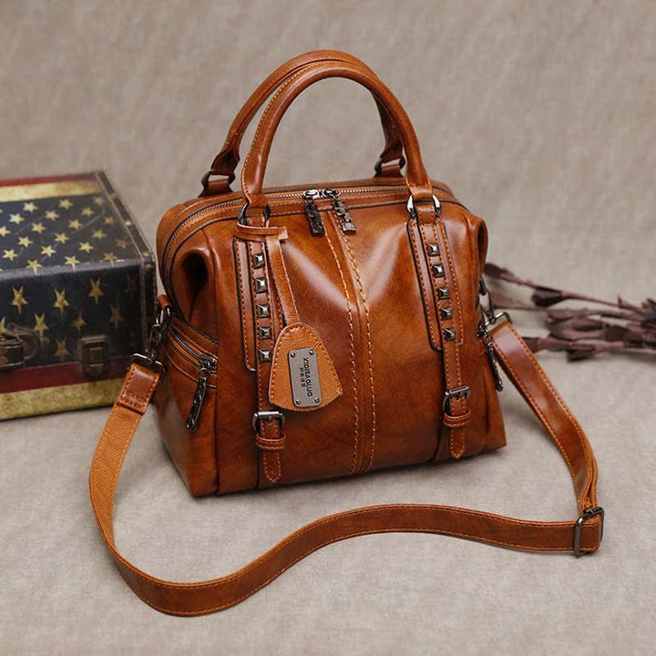 Retro Öl Wachs Leder Nieten Handtasche Tote Satchel Umhängetasche
