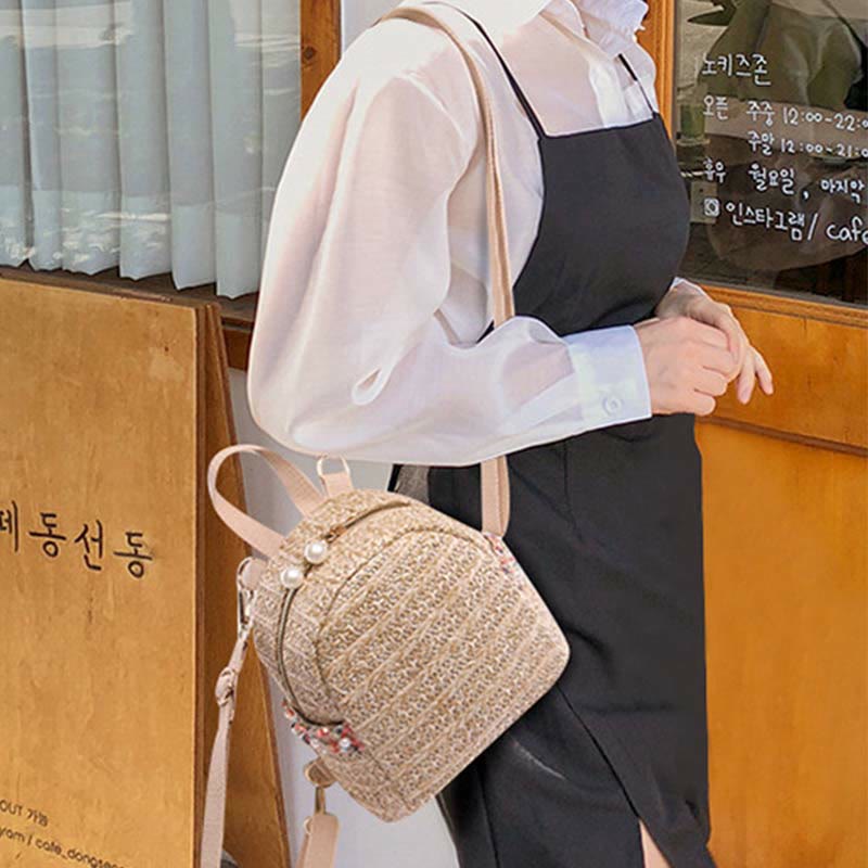 Strohrucksack für Damen, Mini-Tagesrucksack für den Außenbereich, leicht, lässig