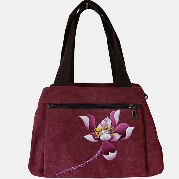 Handtasche aus Segeltuch mit drei Fächern und Blumendruck, Umhängetasche