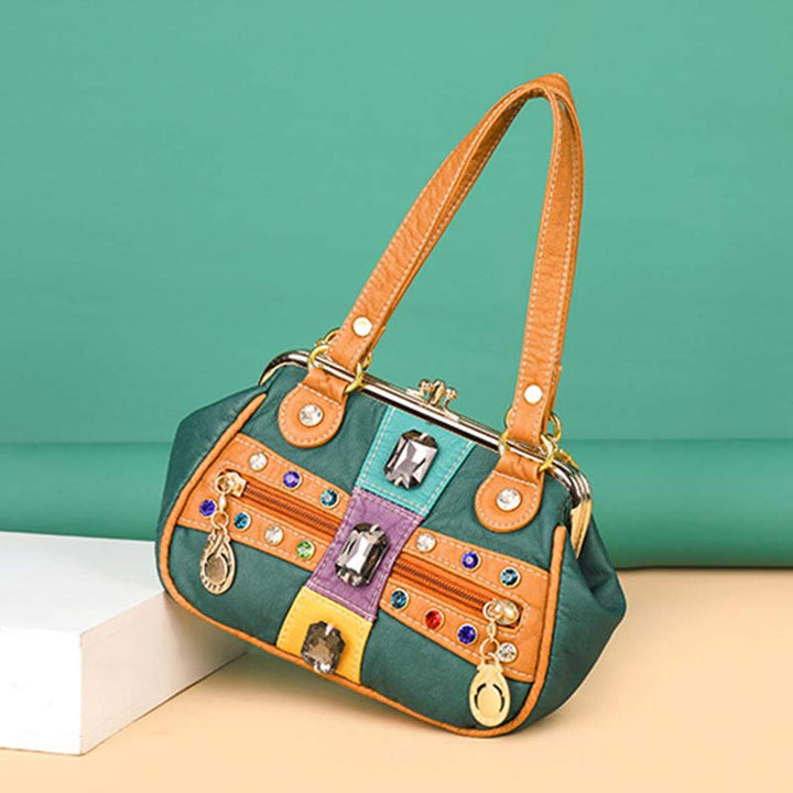 Retro Doppellagige Kiss-Lock Schulterhandtasche Party Abendtasche mit Umhängekette