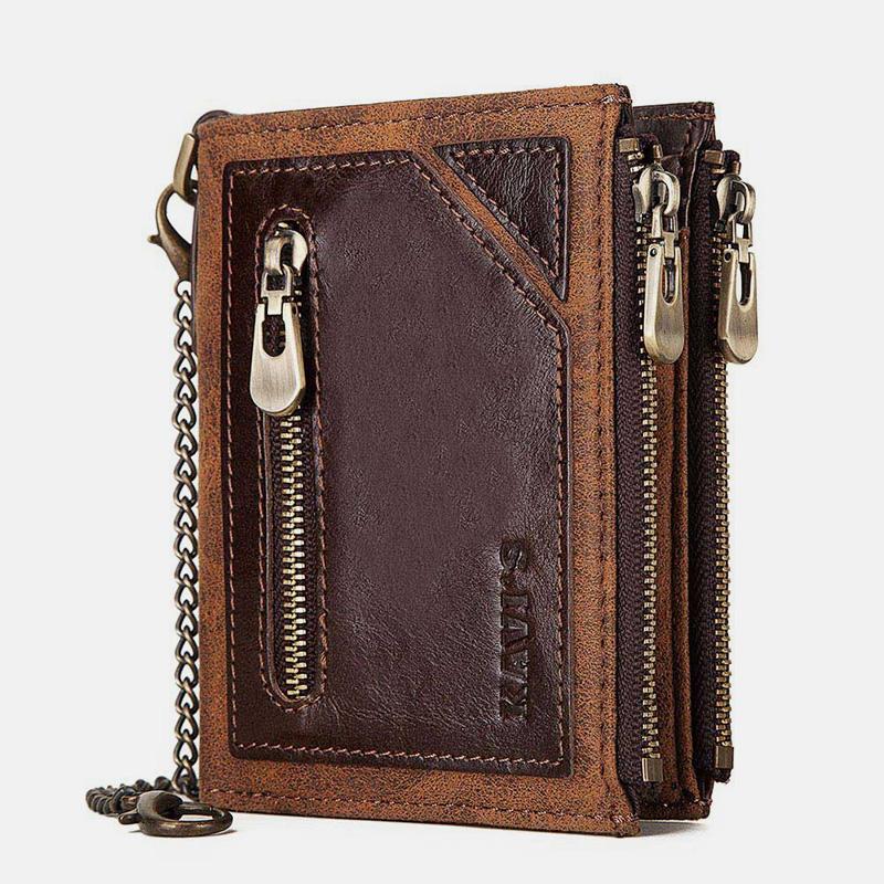 Vintage RFID Echtleder Bifold Münzgeldbörse mit Kette