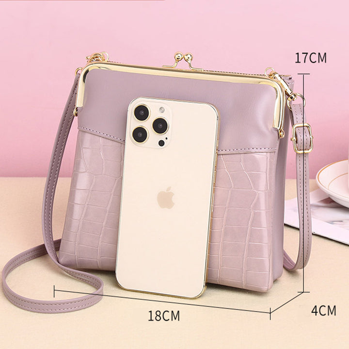 Leder-Crossbody-Handtasche für Damen mit zwei Fächern und Kiss Lock-Umhängetasche