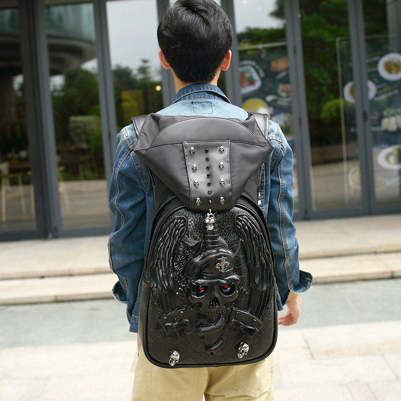 3D-Totenkopf-Rucksack, Gothic-Nieten, Laptop-Rucksack mit Kapuzenmütze