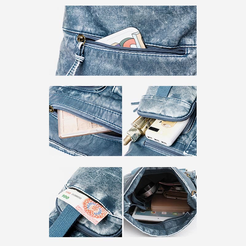 Umhängetasche für Damen, gewaschene, lässige Schultertasche aus Denim-Leder