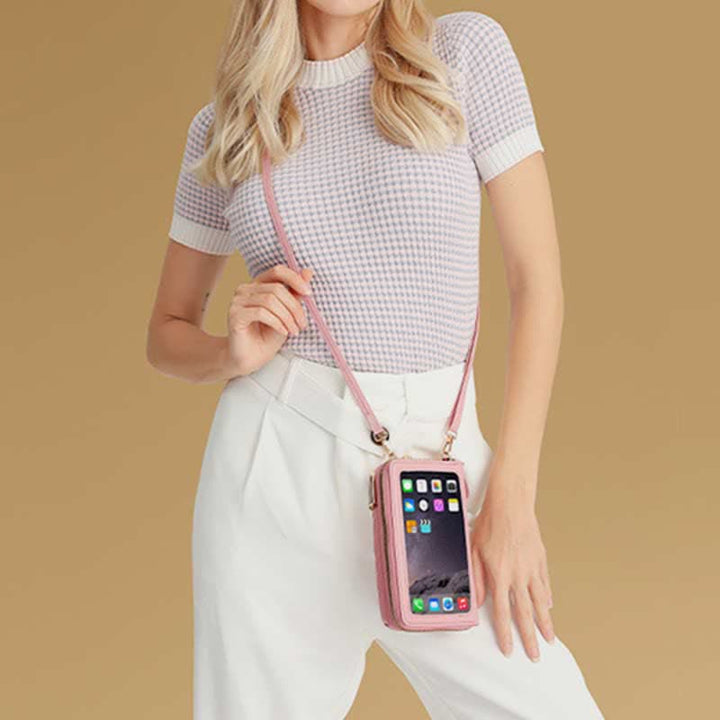 Kleine Crossbody-Handy-Geldbörse für Damen aus gestepptem Leder