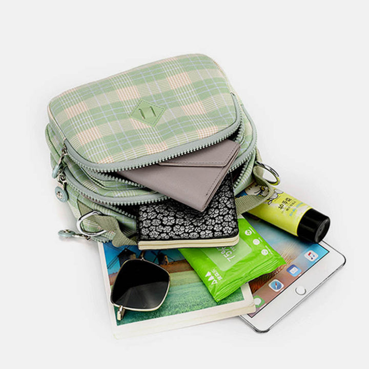 3-lagige Umhängetasche für Damen, leichte Schultertasche mit Karomuster