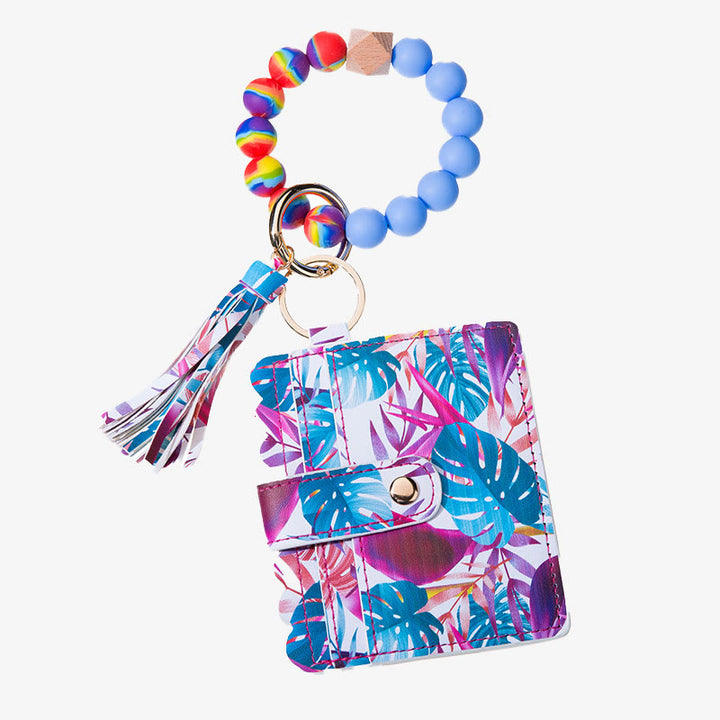 Leder-Kartenhalter für Damen, Silikonperlen-Armband mit Anhänger