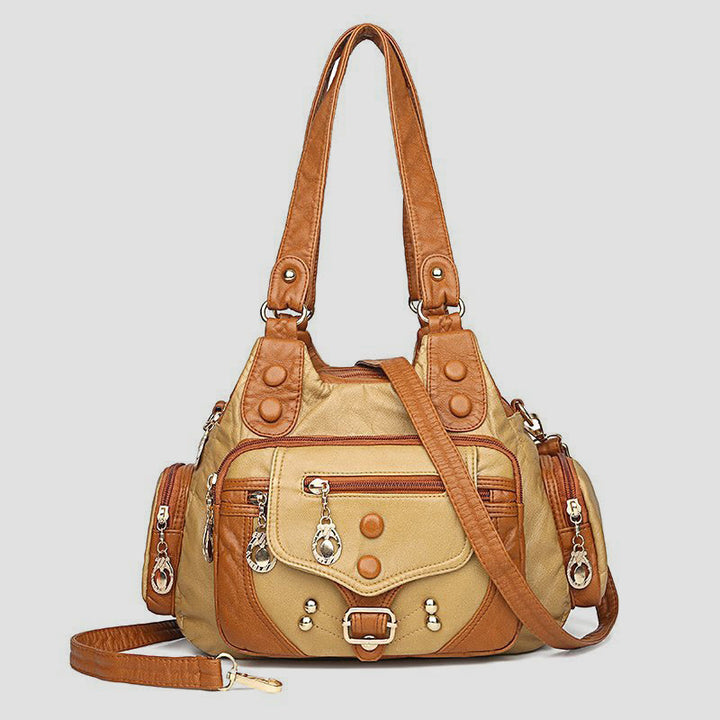 Tragetasche für Damen, Vintage, genietete Umhängetasche aus Leder mit mehreren Taschen