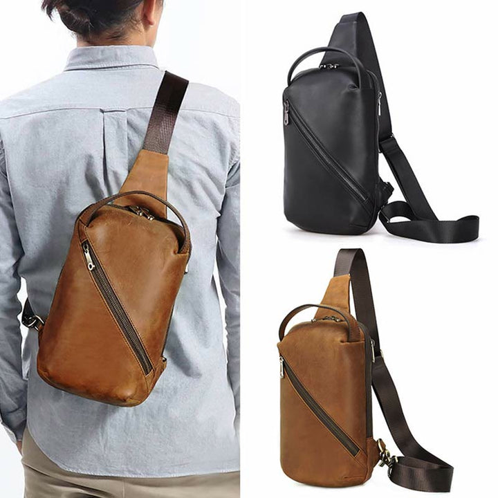 Herren Umhängetasche aus Leder, Schultertasche, Outdoor-Reisetasche, Brusttasche, Daypack
